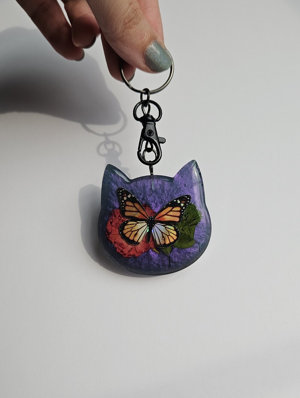 Handmade Holographic Monarch Butterfly & Rose Cat Resin Keychain